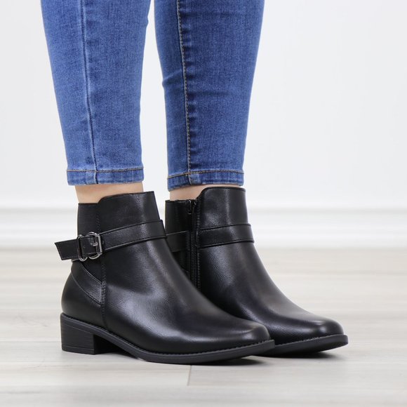 Black Synthetic Leather Chelsea Round Toe Low Heel Ankle Boots - Picture 2 of 12